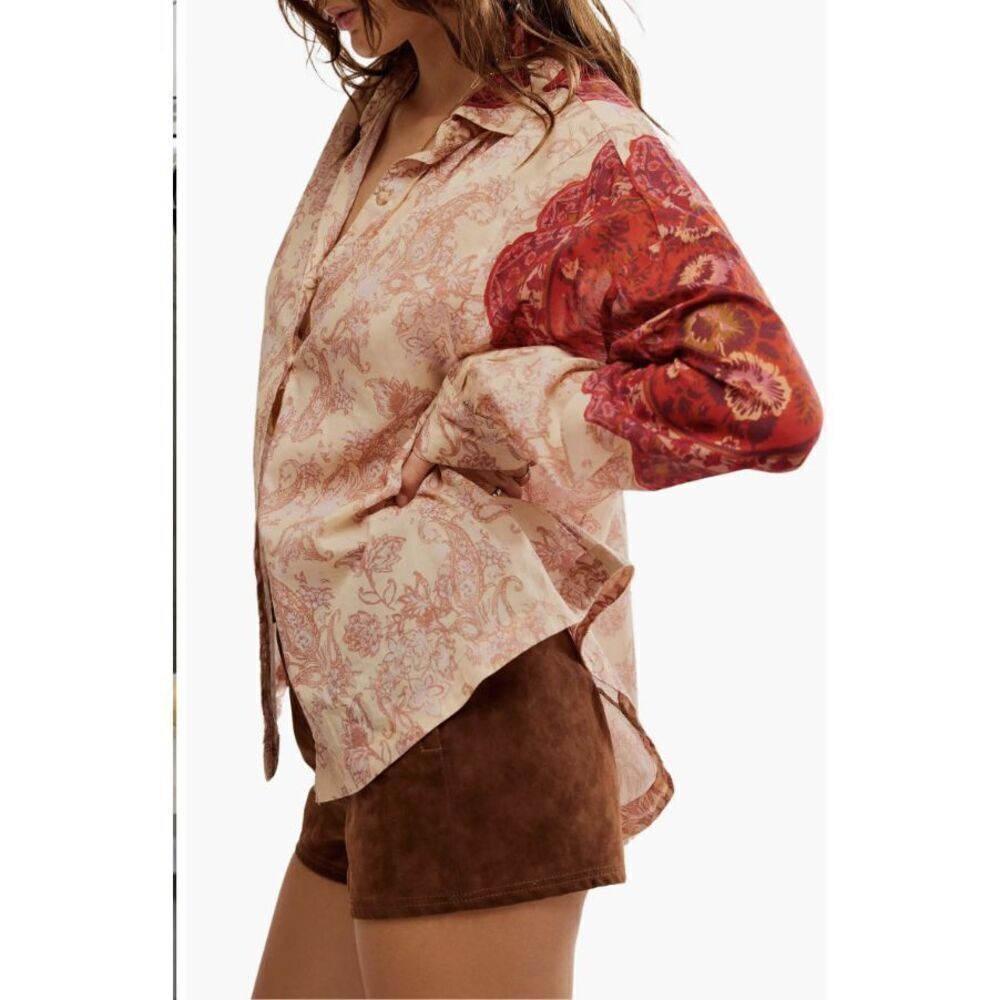 New Free People Rosebud Paisley Print Cotton Button-Up Shirt Blouse Size Small - Picture 3 of 6